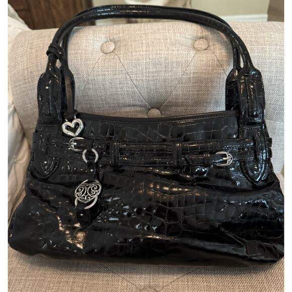 BRIGHTON Crocs Embossed Belted Black Patent Leather Shoulder Bag - Picture 1 of 14